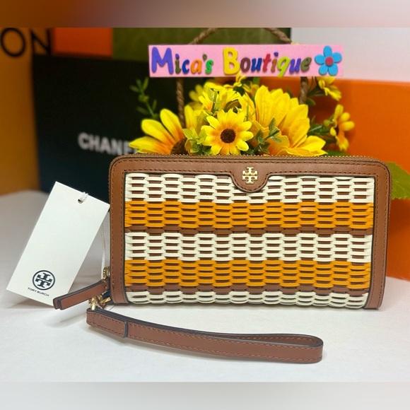 🆕 TORY BURCH EMERSON Woven Wristlet Zip CONTINENTAL WALLETAUTH🔥